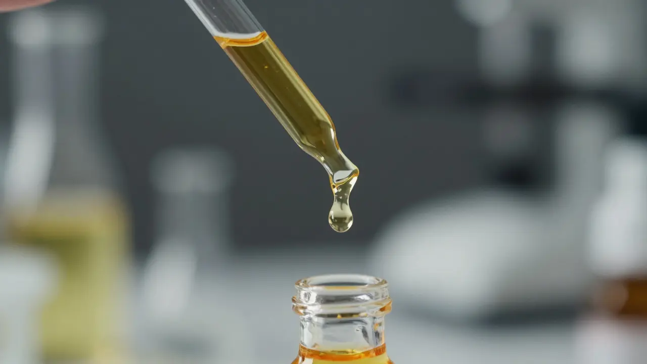 Nahaufnahme eines klaren goldenen Cannabinoid-Öls aus einer Pipette