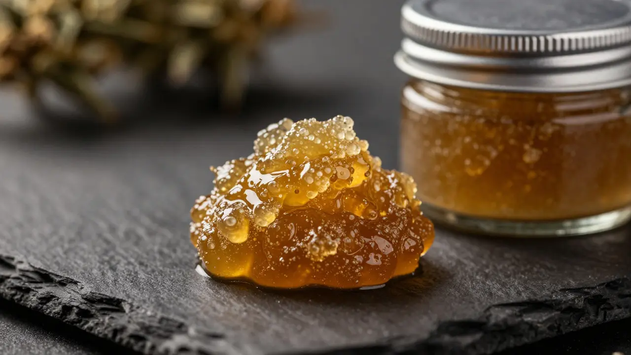 Nahaufnahme von goldbraunem, wachsartigem Bubble Hash Konzentrat auf dunklem Untergrund.