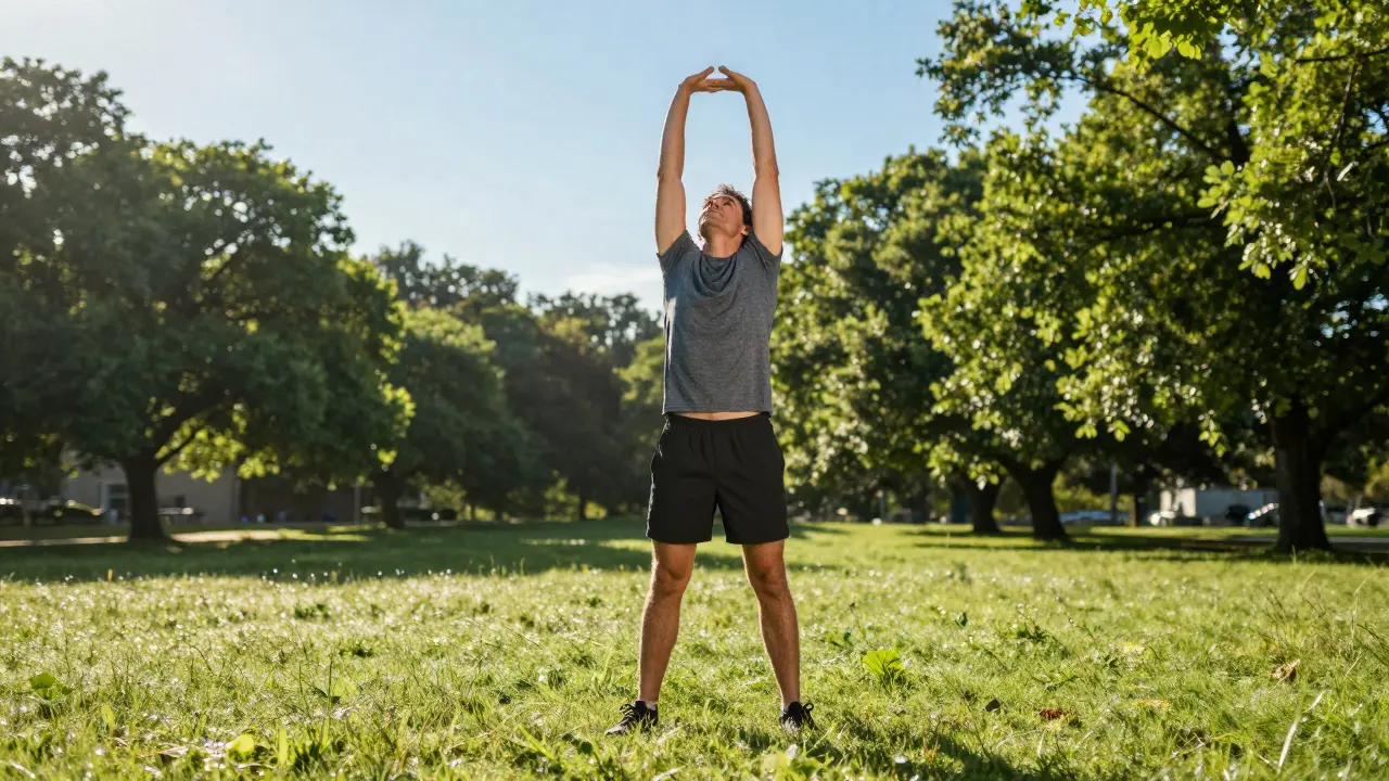 Person dehnt sich im Park bei Tageslicht, zeigt Bewegung zur natürlichen Genesung.