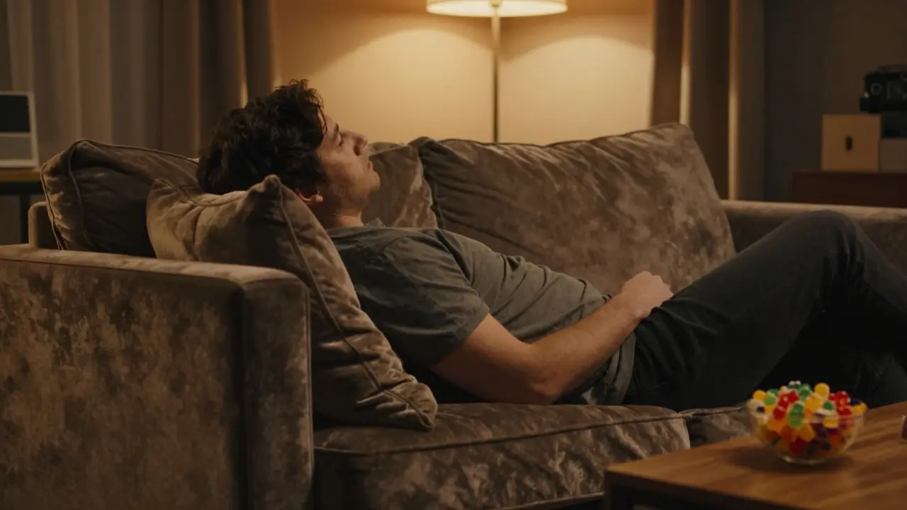 Person, die tief entspannt und sediert in einem gemütlichen Sofa versinkt.