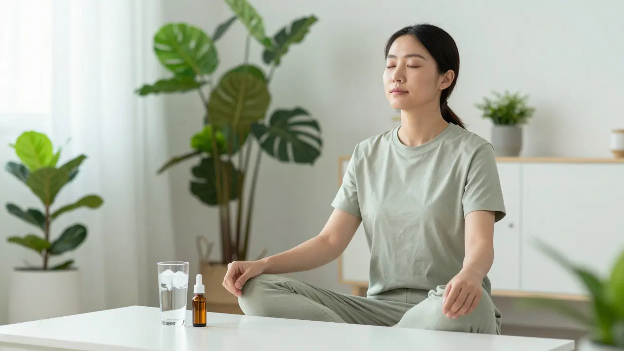 Person in einer hellen Umgebung, die tief durchatmet, neben einem Glas Wasser und CBD-Öl.