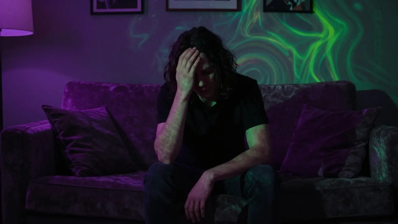 Person in einer surrealen, verzerrten Umgebung, die Paranoia und Angst darstellt.