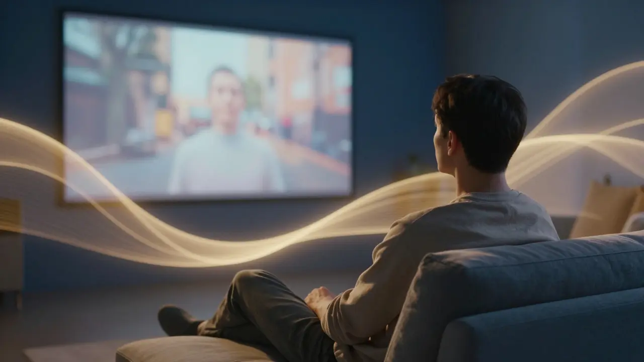 Person in entspannter Atmosphäre auf einem Sofa, umgeben von sanften Lichtwellen.