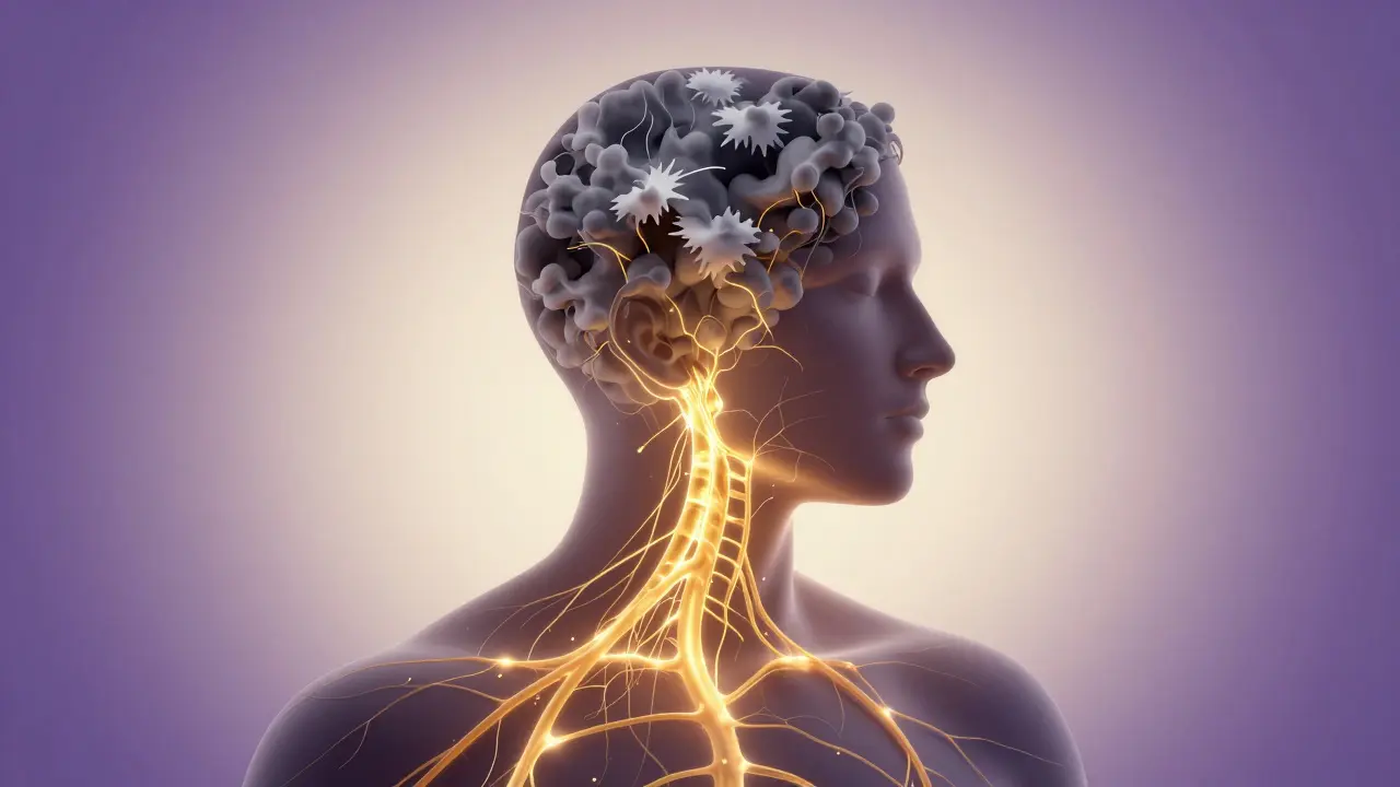 Silhouette einer Person, bei der Stress durch goldene Wellen in Entspannung verwandelt wird.