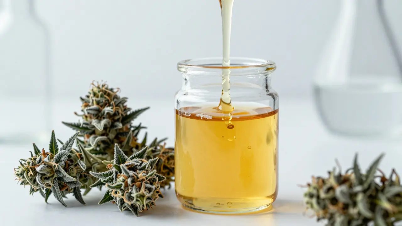 Übergang von gefrorenen Cannabisblüten zu goldgelbem, reinem Live Resin Öl.