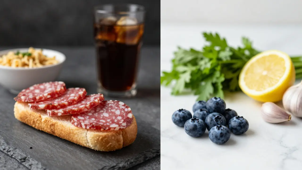 Vergleich zwischen salzhaltigen Fertigprodukten und frischen Kräutern sowie Beeren.