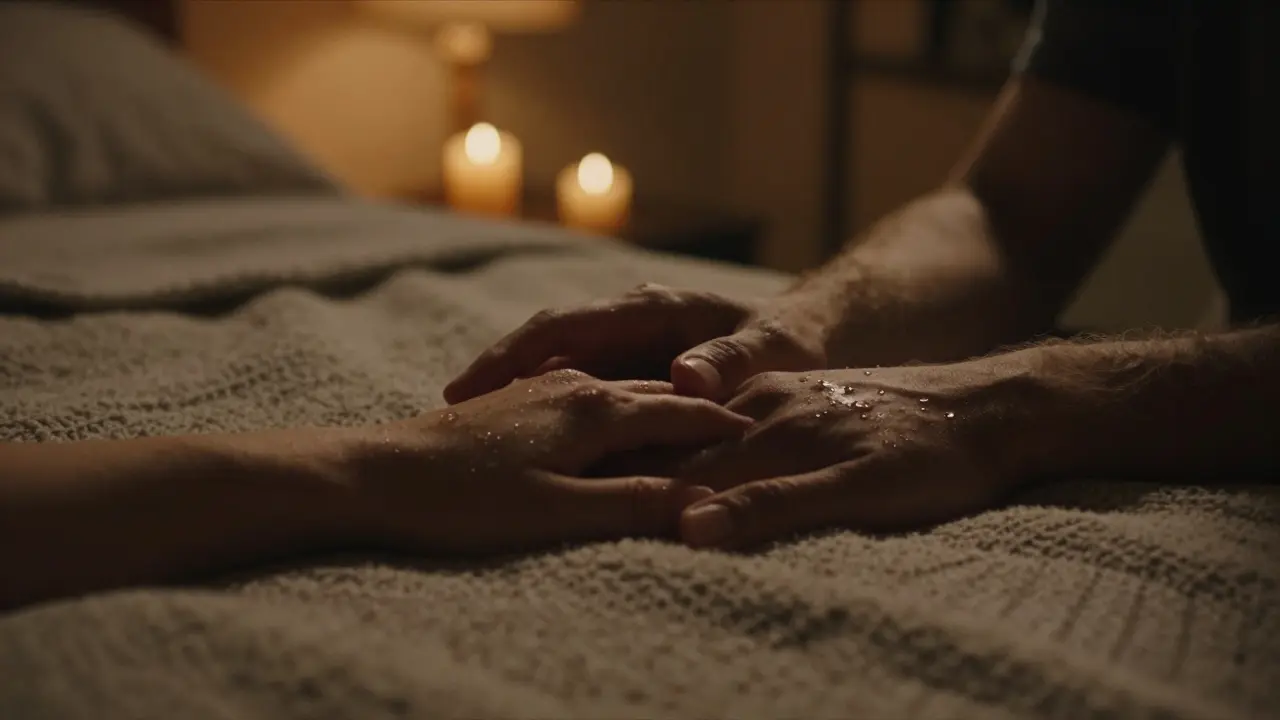 Zwei Hände, die sich sanft auf einer Decke berühren, in warmem Kerzenschein.