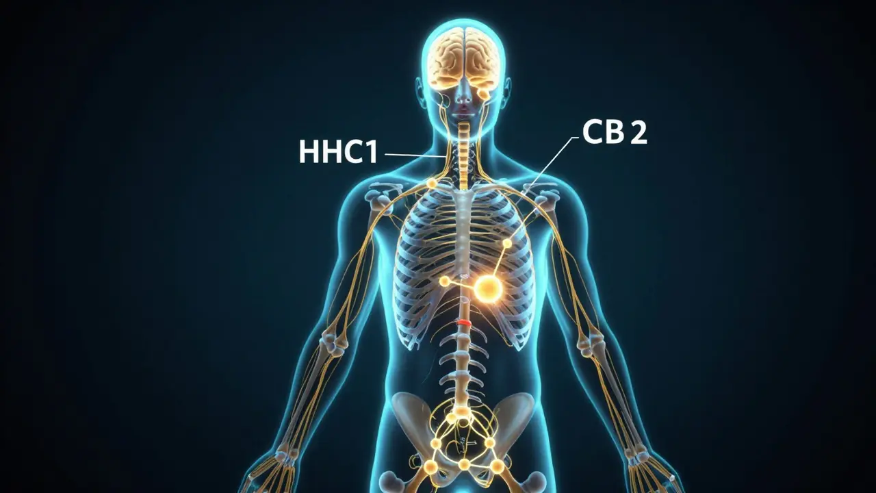 3D-Visualisierung der Bindung von HHC an Endocannabinoid-Rezeptoren im Körper