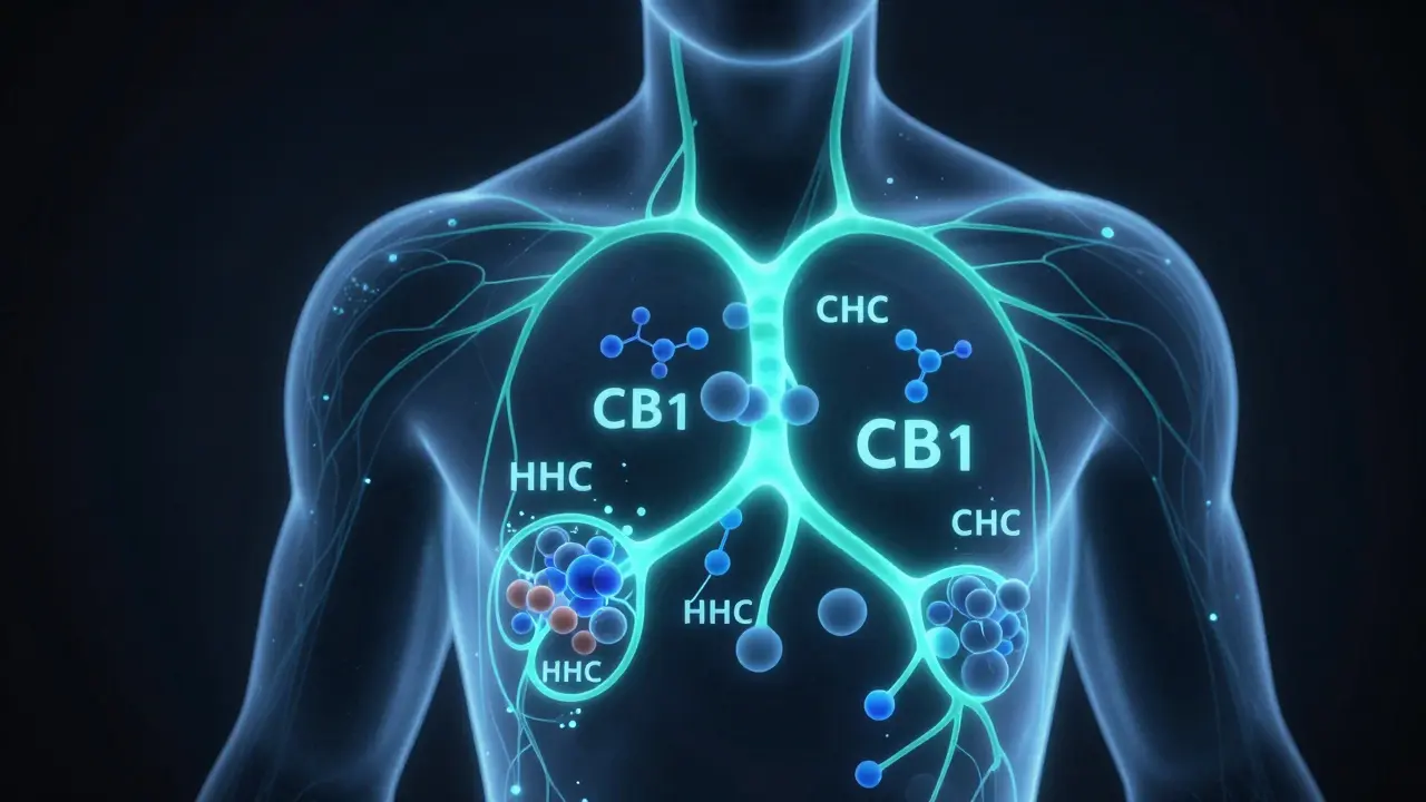 Abstract visualization of HHC binding to nerve receptors