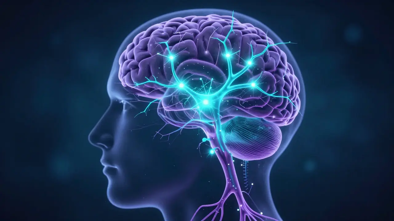 Abstrakte Darstellung neuronaler Aktivität und Rezeptor-Bindung im Gehirn