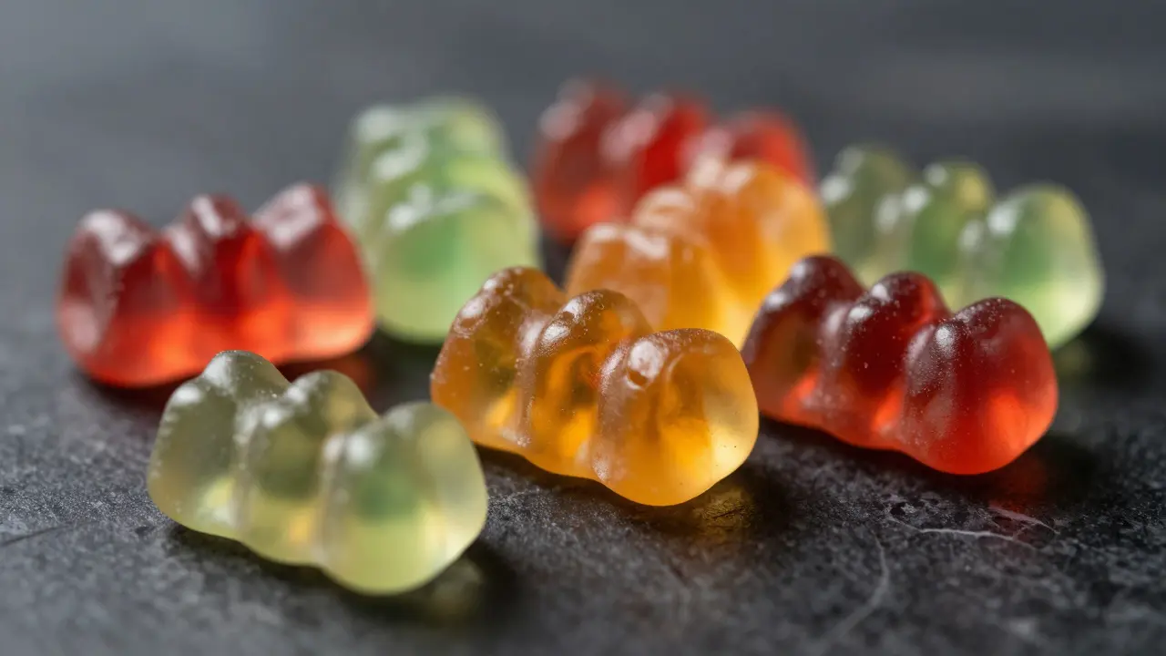 Bunte Gummibärchen auf dunklem Marmor, Symbol für Cannabinoid-Gummies