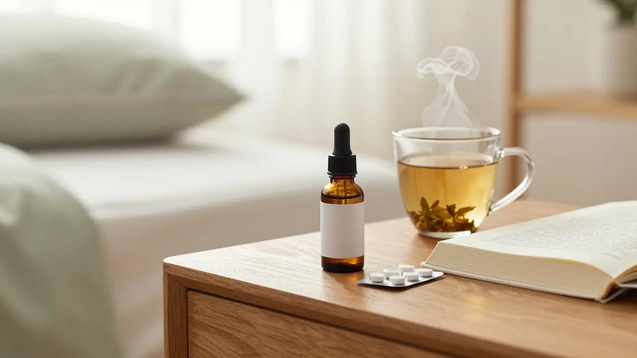 CBD-Fläschchen und Melatonin-Pillen auf einem Nachttisch