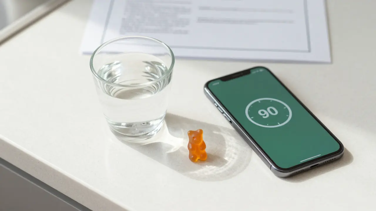 Ein Gummibärchen mit Wasser und Timer für sichere Dosierung