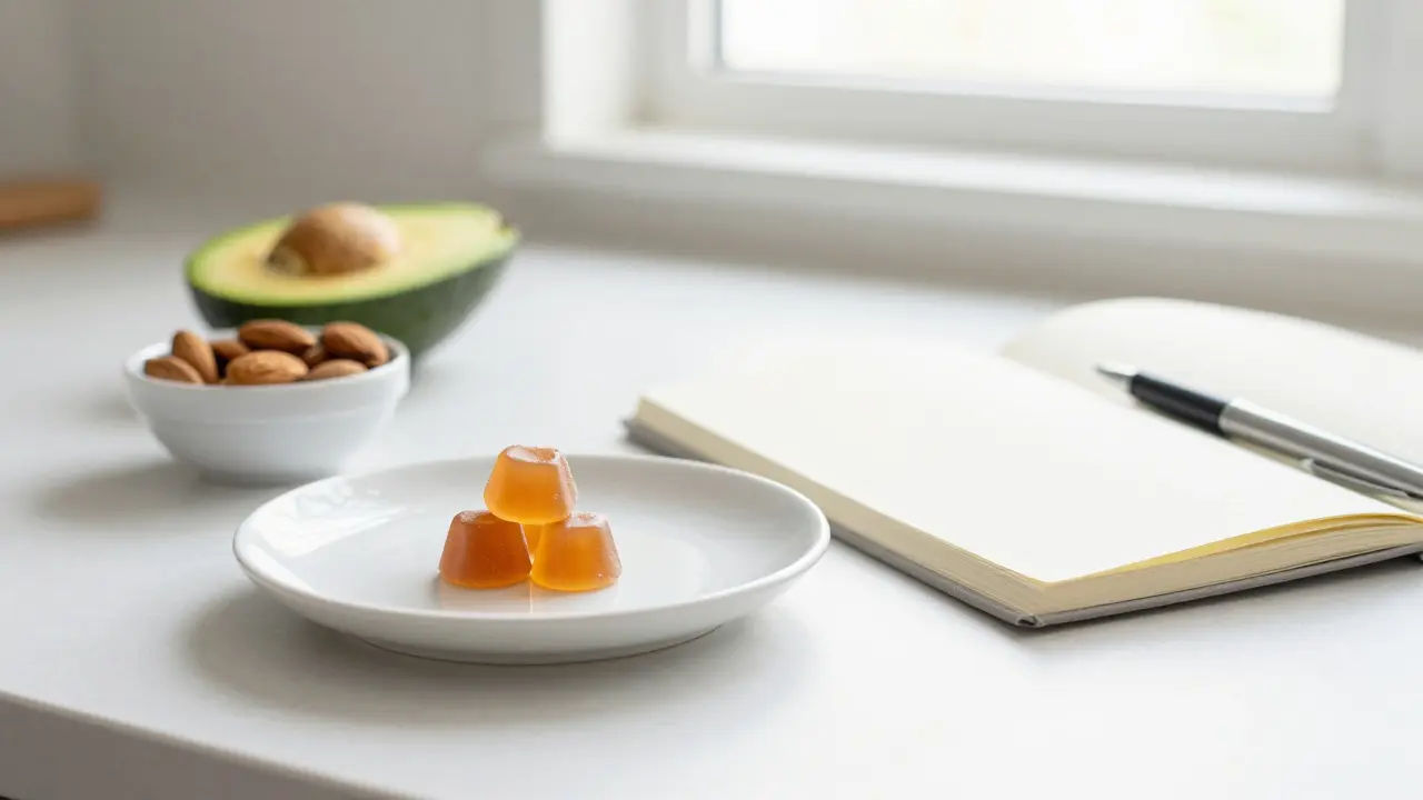 Ein Gummy neben Nüssen und Avocado sowie einem Notizbuch zur Dosierung