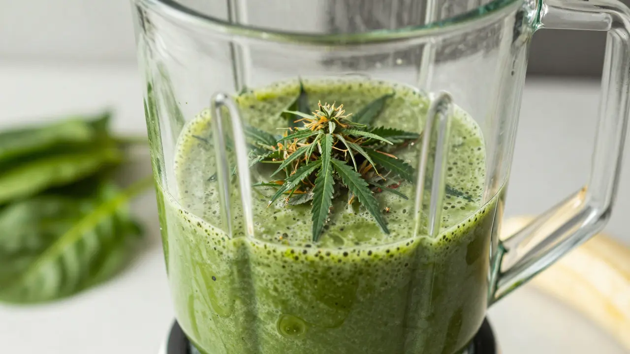Frischer grüner Smoothie mit rohen Cannabisblättern im Mixer