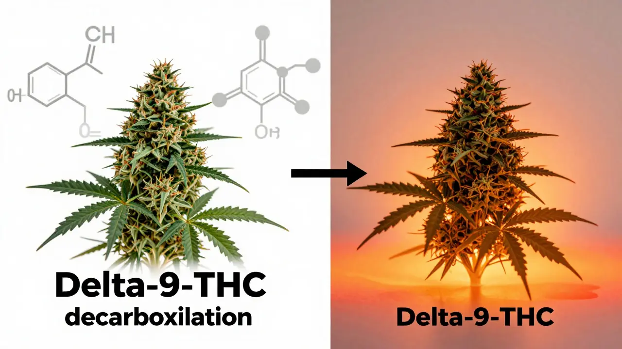 Grafik zeigt chemische Umwandlung von THCa zu THC durch Hitze
