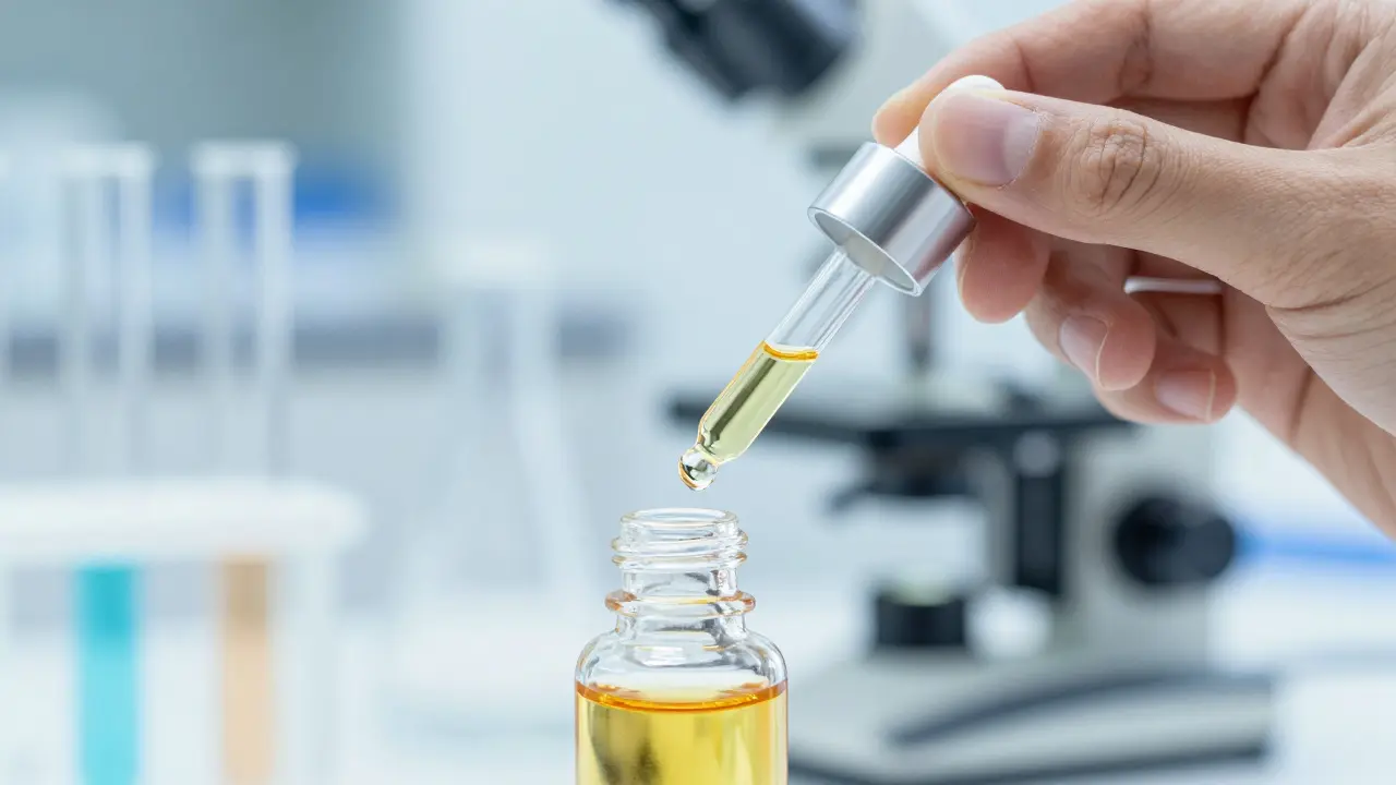 Hand hält CBD-Pipette vor unscharfem Laborhintergrund