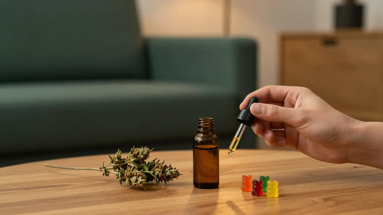 Hand hält THCP-Ölflasche neben Gummibärchen und Hanfblüte