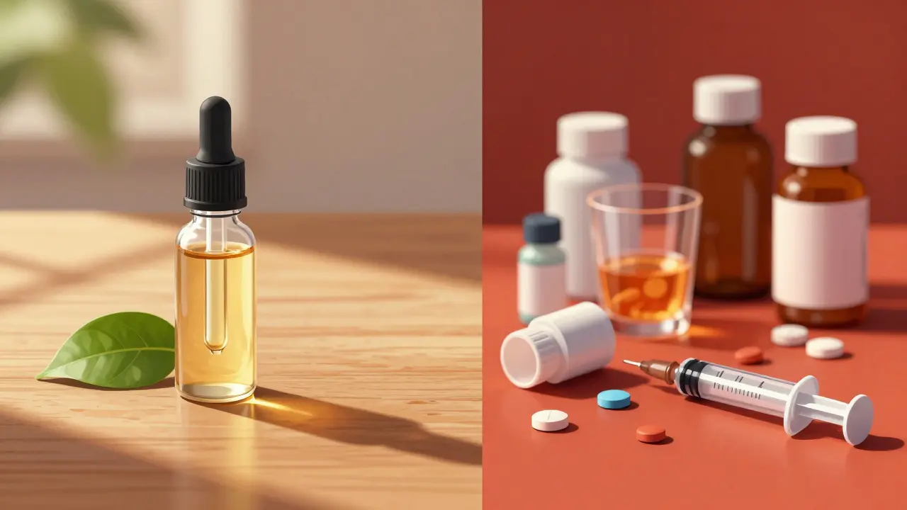 Kontrastbild: Sichere CBD-Nutzung links versus Risiken durch Wechselwirkungen rechts