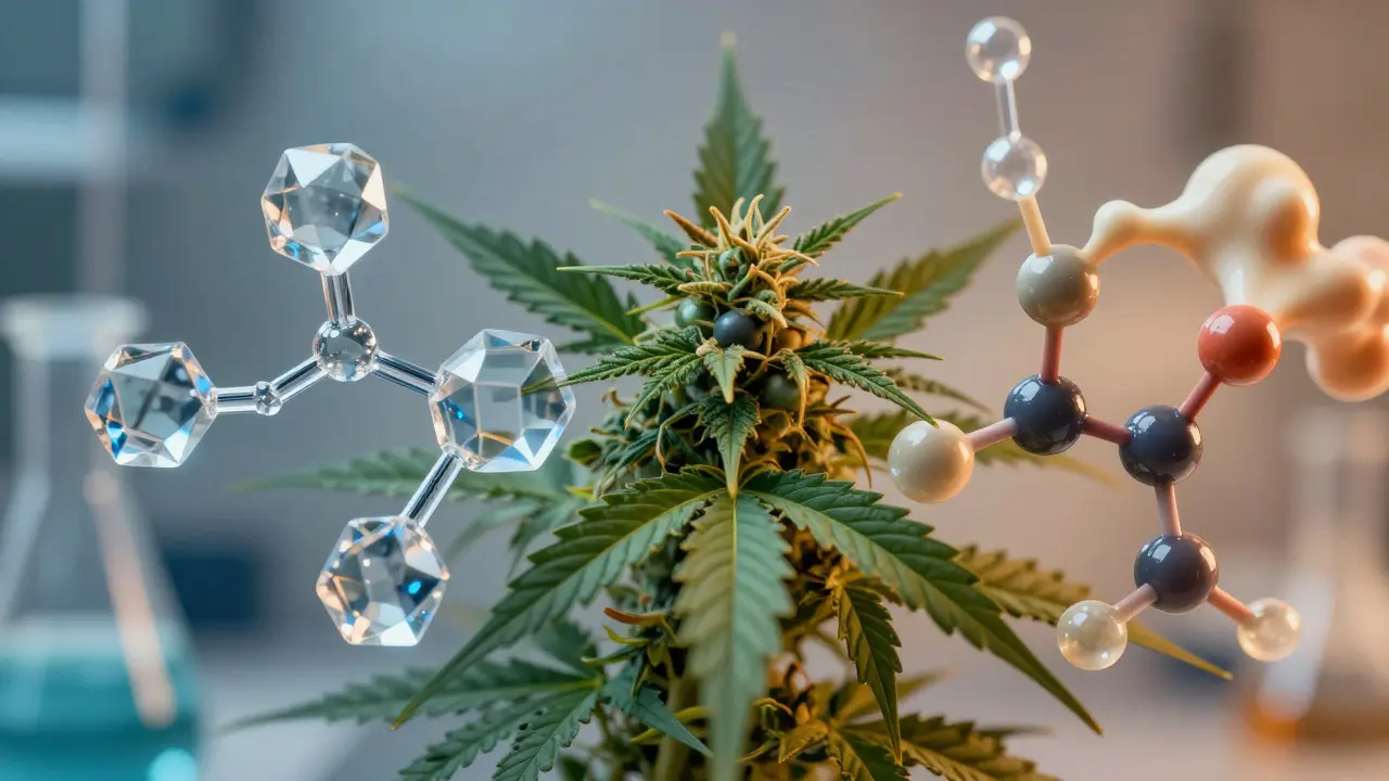 Macro view of hemp leaves merging with blue and gold molecular structures