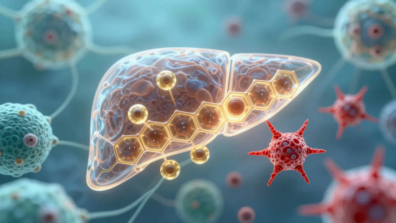 Mikroskopische Ansicht von CBD-Molekülen, die Leberzellen schützen