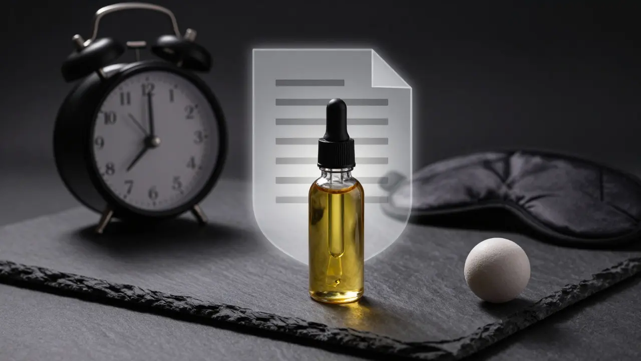 Minimalist still life with cannabinoid oil, clock, and sleep symbols