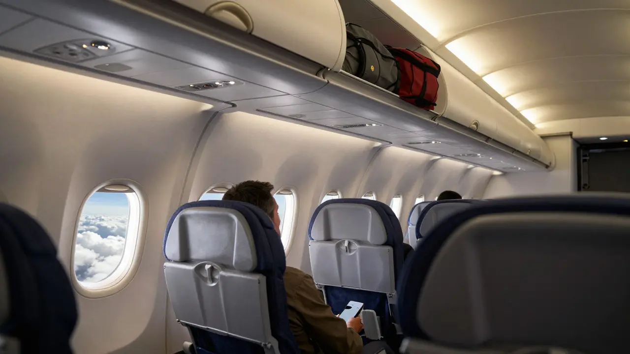 Passagier mit verstautem Handgepäck im Flugzeug