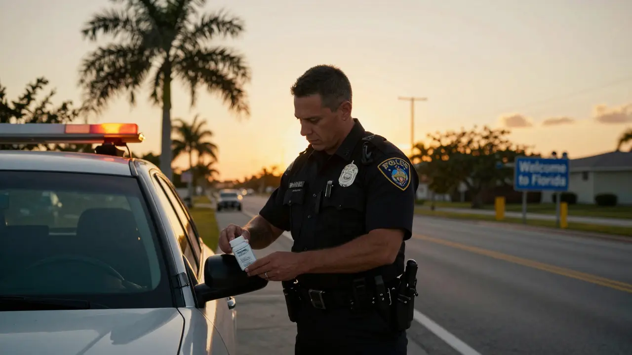 Polizeikontrolle an einer Straßensperre in Florida bei Sonnenuntergang