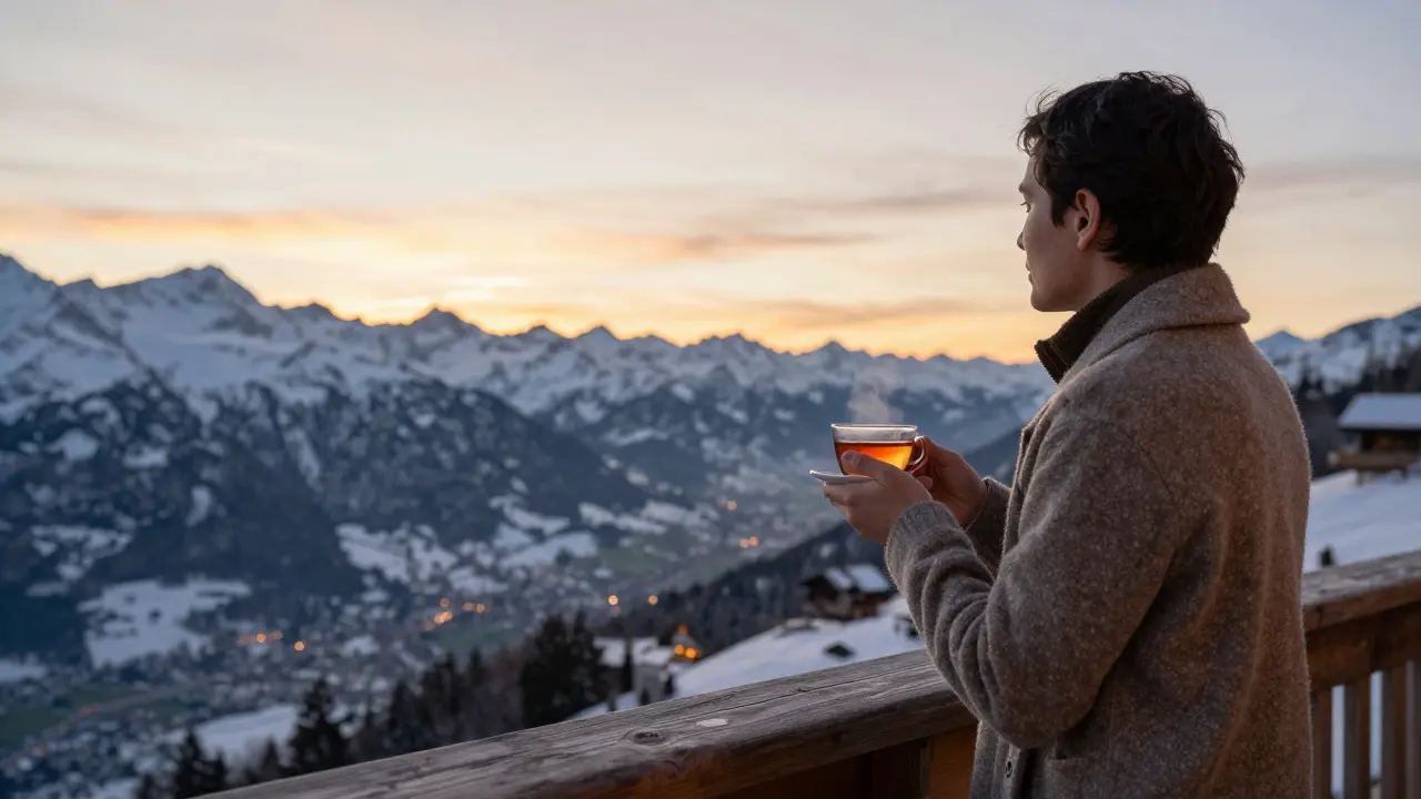 Relaxed person enjoying mountain view at sunset