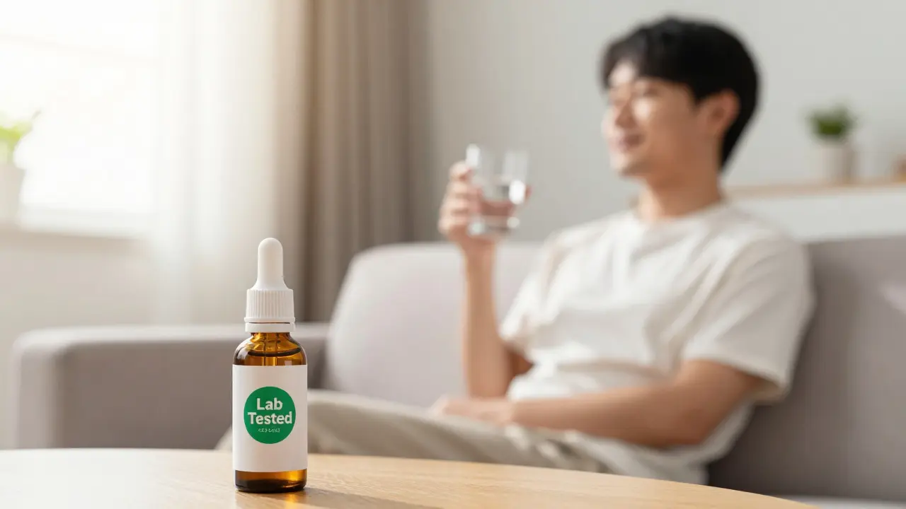 Ruhige Person im Wohnzimmer mit CBD-Produkt, Symbol für bewussten Konsum
