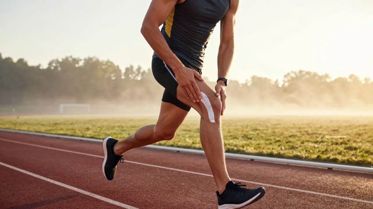 Sportler wendet CBD-Salbe auf das Knie nach dem Training an