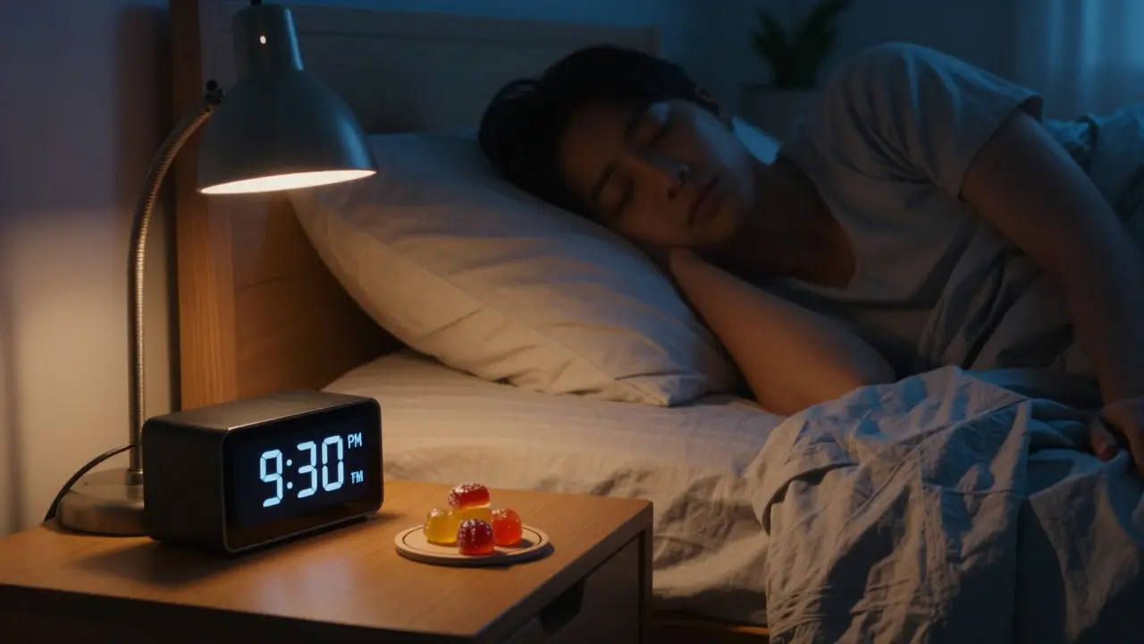 THC-Gummi auf dem Nachttisch im ruhigen Schlafzimmer