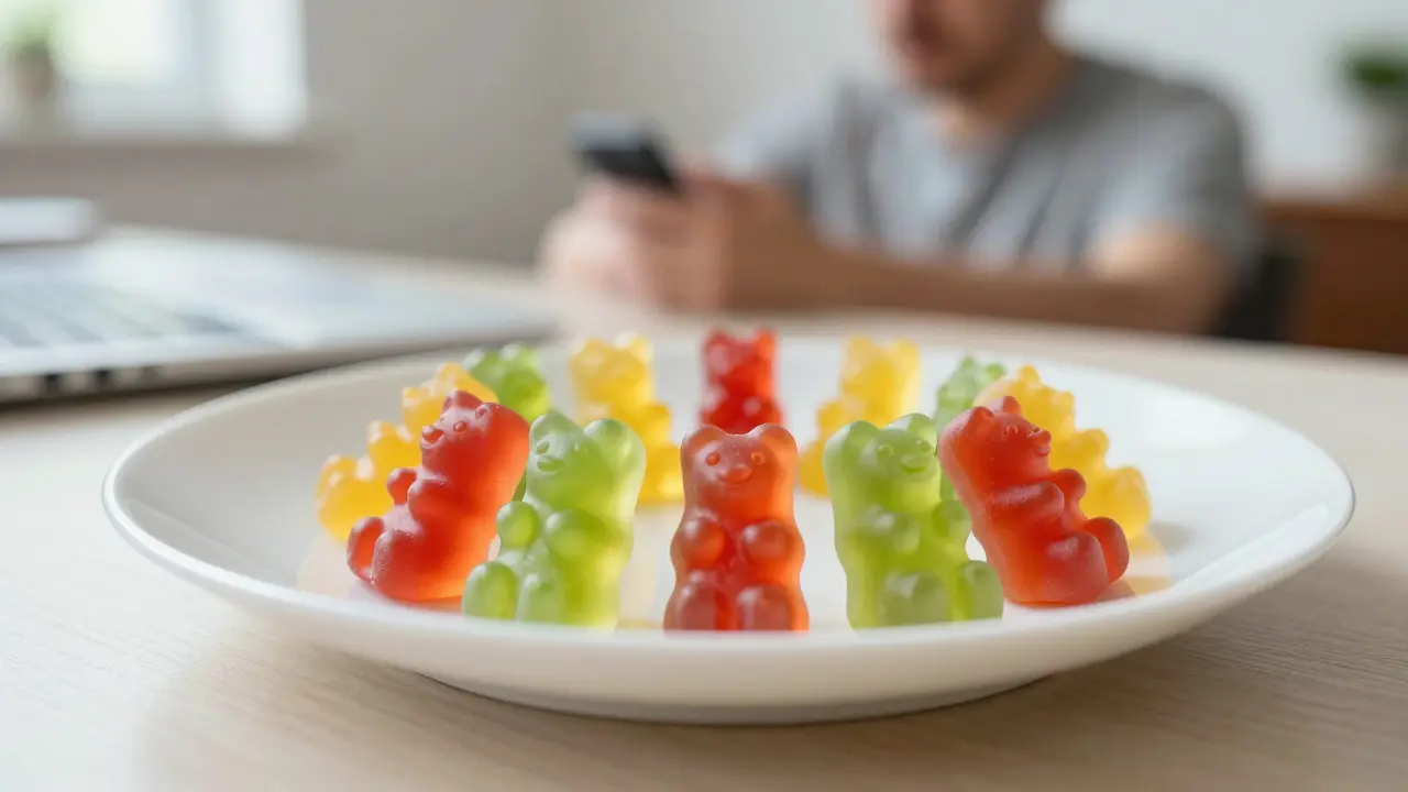 THC-Gummibärchen auf einem Teller für präzise Dosierung bei Schmerzen