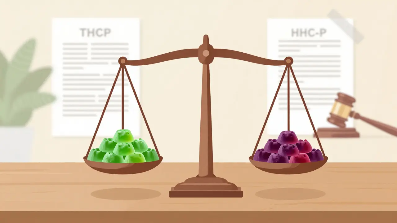 Waage mit grünen und violetten Gummis, Symbol für Potenz und Legalität
