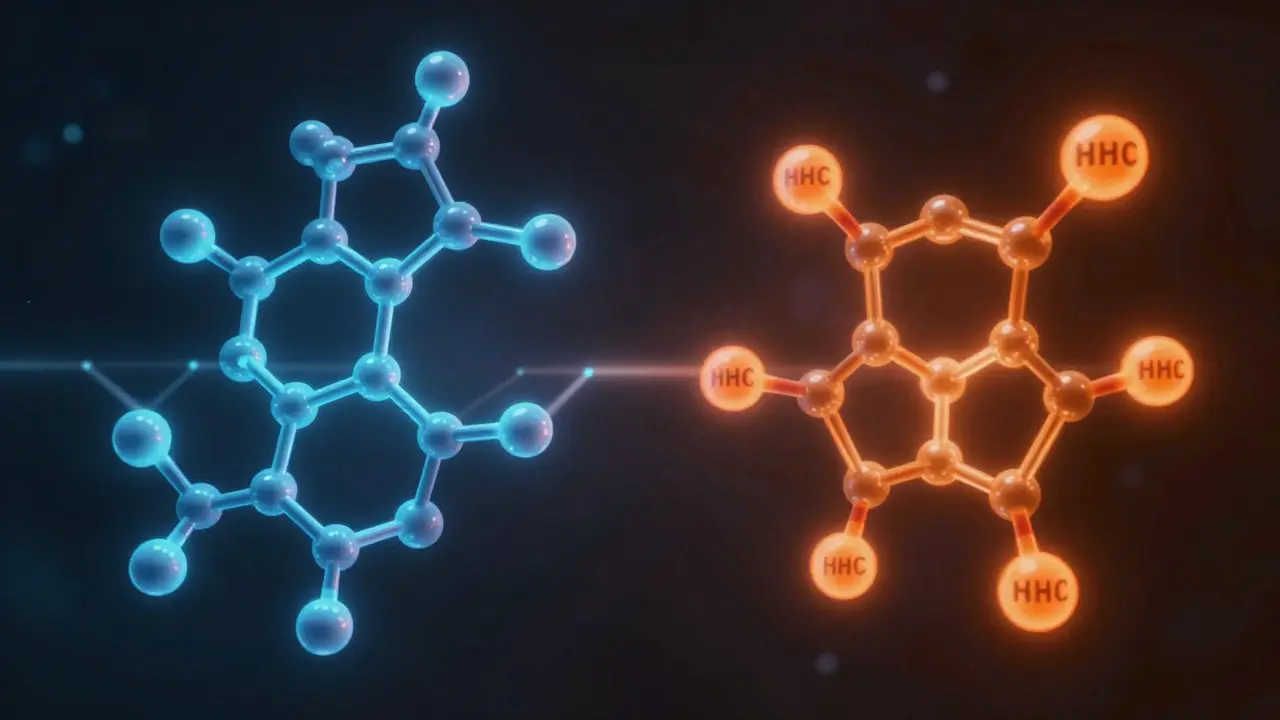 Abstrakte Darstellung von CBD- und HHC-Molekülen mit blauem und orangem Licht