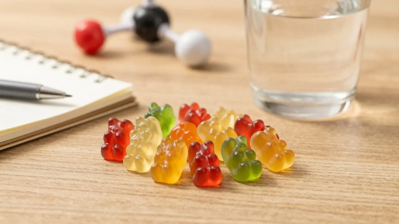 Bunte Gummibärchen auf Holzplatte für die Dosierung von Cannabinoiden