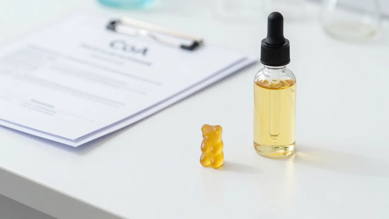 CBD-Gummi und Ölflasche neben Laborzertifikat auf weißem Tisch