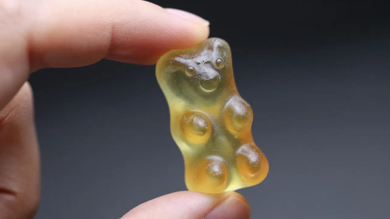 Close-up of a synthetic-looking gummy bear highlighting quality concerns