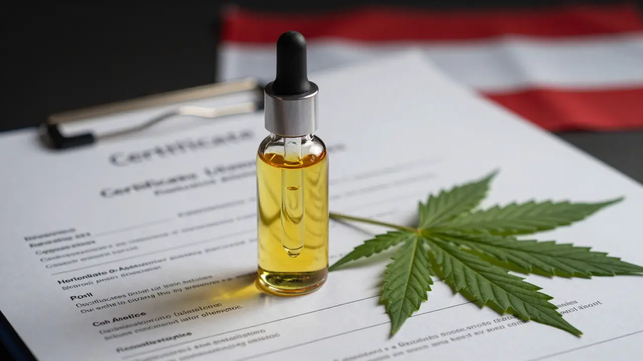 Fläschchen mit Cannabinoidöl neben Labortest-Bericht und Hanfblatt