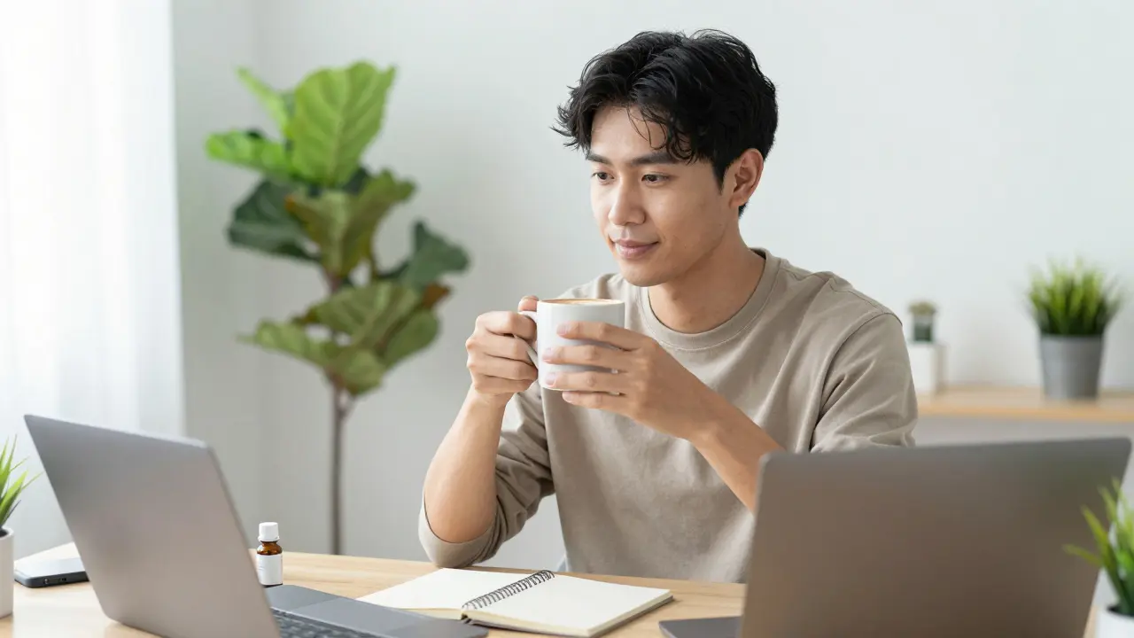 Fokussierte Person mit Kaffee und CBD im Homeoffice