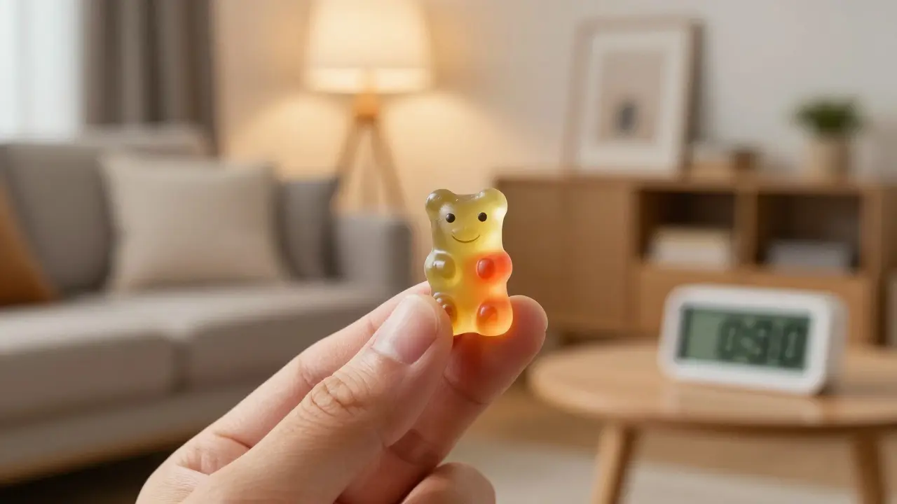 Hand hält einen Gummy-Bär in einem gemütlichen Wohnzimmer
