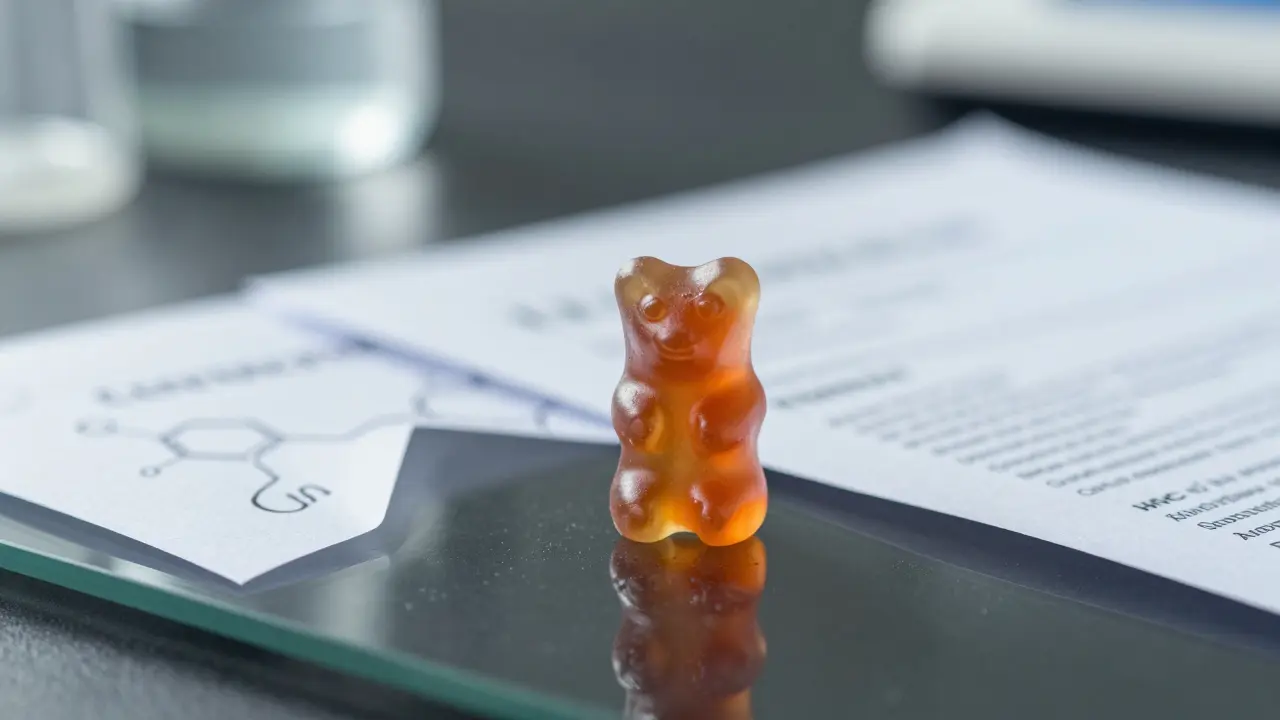 HHC-Gummibärchen neben Laborzertifikat für Qualität
