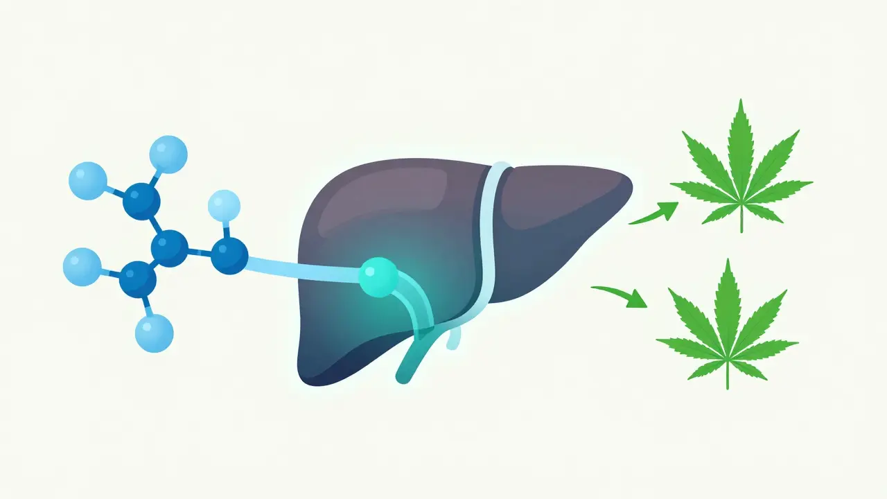 Illustration der Leber mit Symbolen für Alkohol und CBD-Wechselwirkung