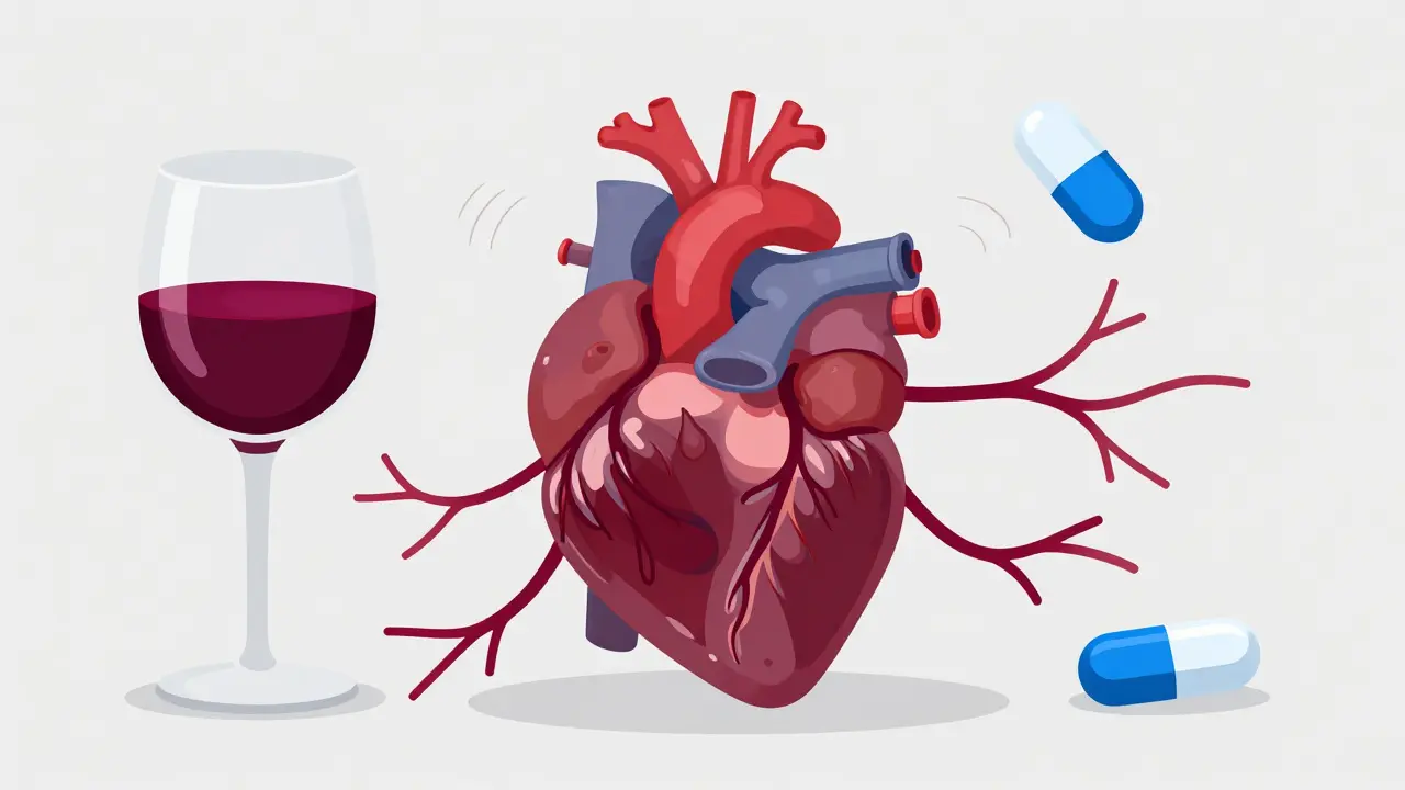 Illustration eines Herzens mit erweiterten Gefäßen durch Alkohol und Viagra