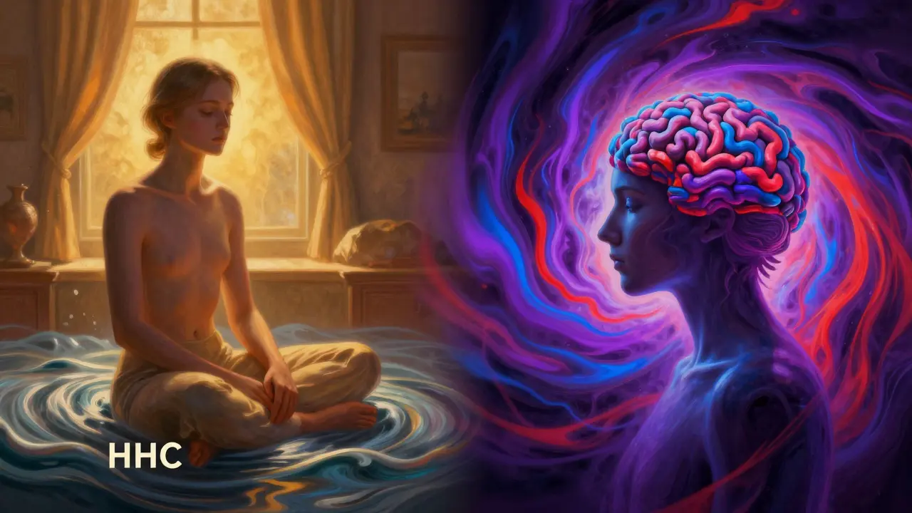 Konzeptkunst: Sanfte Entspannung links versus intensive psychedelische Wirkung rechts