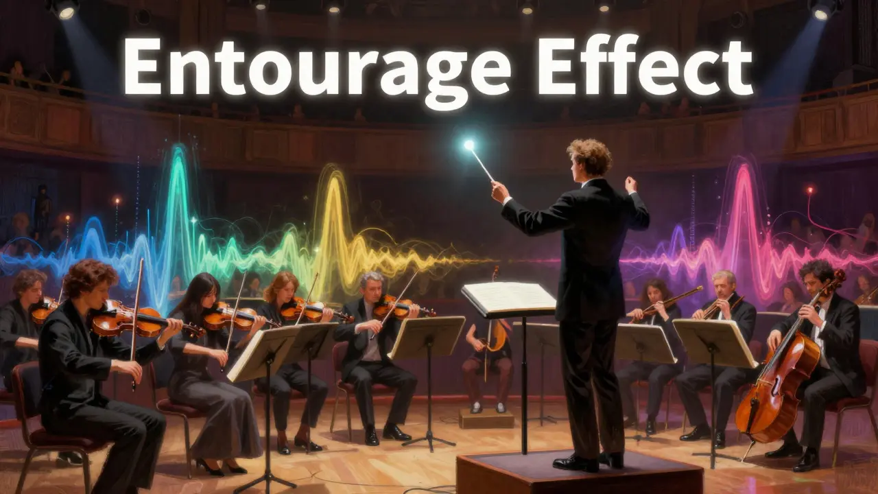 Metapher für den Entourage-Effekt: Ein Dirigent harmoniert ein buntes Orchester