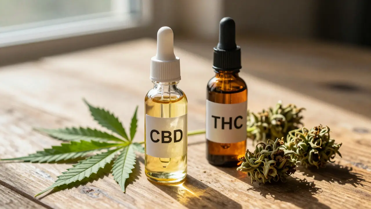 Nahaufnahme von CBD-Öl und THC-Extrakt auf einem Holztisch mit Hanfpflanzen
