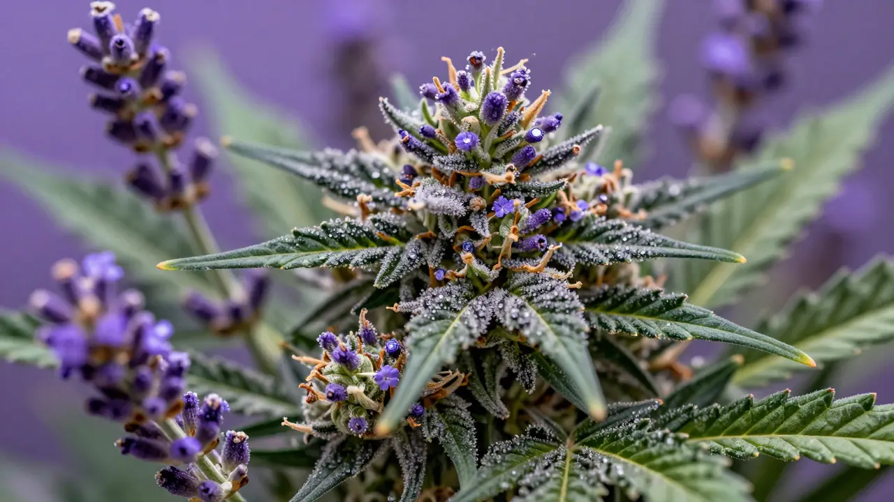 Nahaufnahme von lila Lavender Dream Cannabis-Blüten mit Trichomen