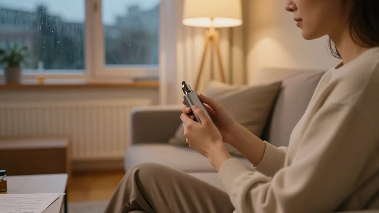 Person entspannt sich abends zu Hause mit Cannabinoid-Produkt
