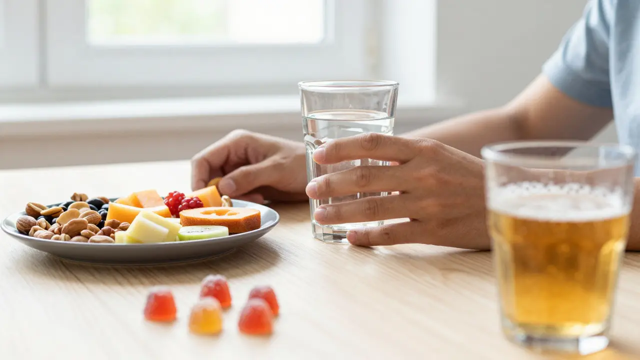 Person trinkt Wasser und isst Snacks neben CBD-Gummibärchen